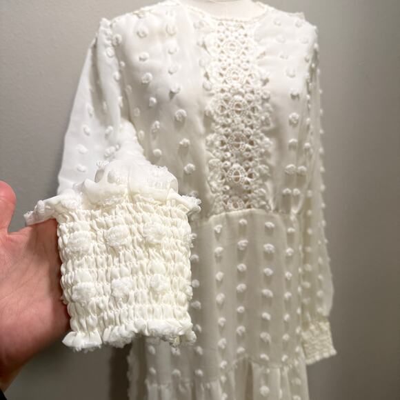 Love X Design Rina Long Sleeve Dotted Chiffon Cream Lace Dress Large Boho Chic - Picture 7 of 11